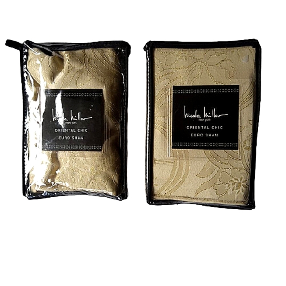 Nicole Miller "Oriental Chic" Metaalic Gold Brocade Euro Shams NEW
